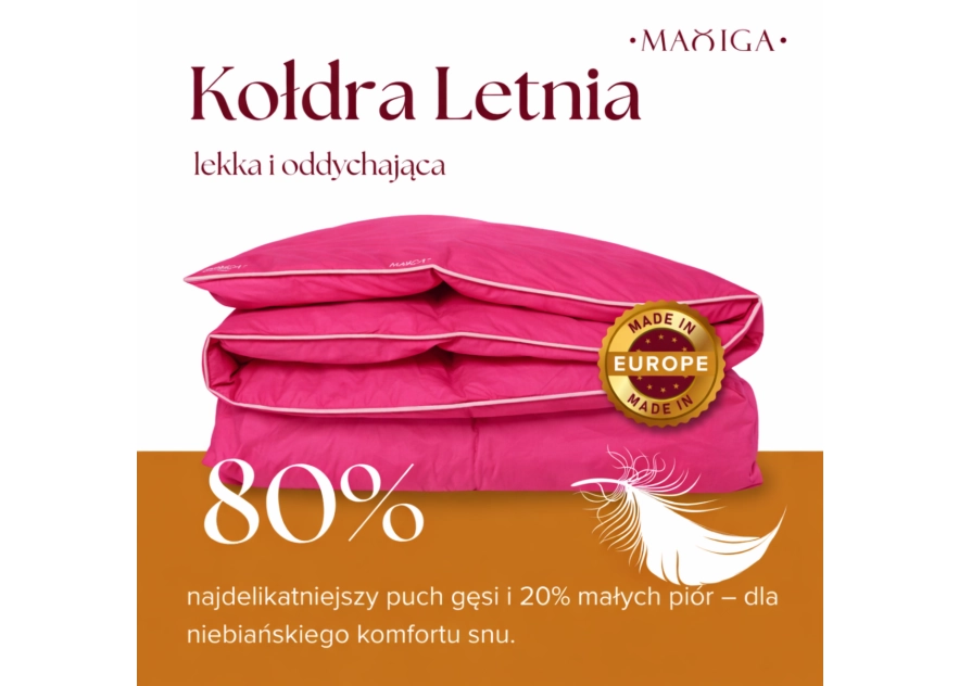 Kołdra Puchowa 180x200 LETNIA 1,6KG PUCH 80% RÓŻOWA LEKKA