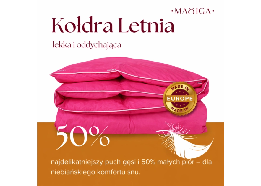 Kołdra Puchowa 160x200 LETNIA 1,6KG PUCH 50% RÓŻOWA LEKKA