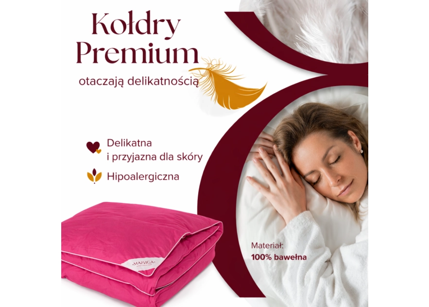 Kołdra Puchowa 180x200 CAŁOROCZNA 2,5KG PUCH 80% RÓŻOWA